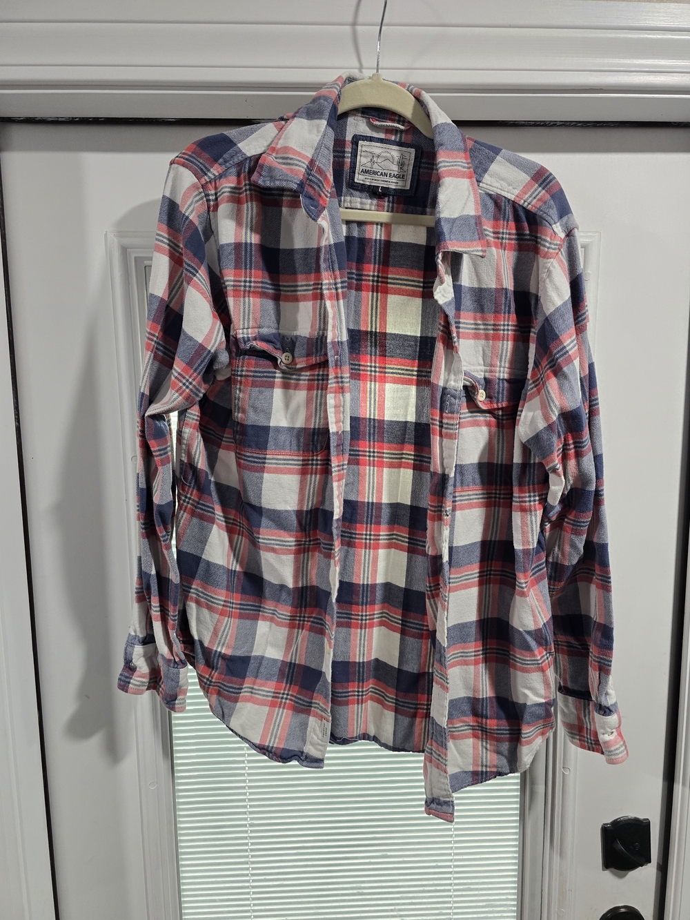 American Eagle Outfitters Navy, Red & White Plaid Button-Down Shirt